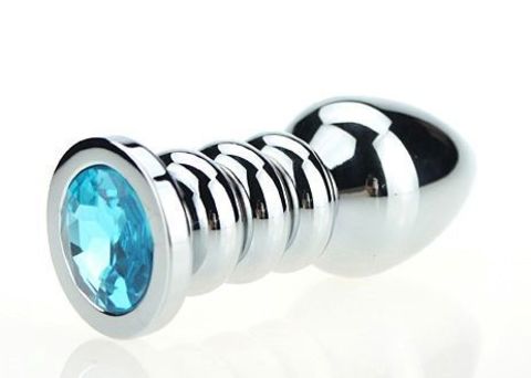 Серебристая фигурная анальная пробка с голубым кристаллом - 10,3 см. - 4sexdreaM 47423-1