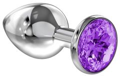 Большая серебристая анальная пробка Diamond Purple Sparkle Large с фиолетовым кристаллом - 8 см. - 