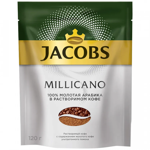 купить Кофе растворимый Jacobs Millicano с молотым кофе, 120 г пакет (Якобс)