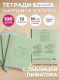 Тетради в клетку (таблица Пифагора), 12 л, зелёная обложка, 100 шт