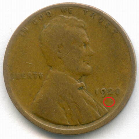 1 цент 1920 год (без знака - Philadelphia). США. Пшеничный цент. Бронза F-VF