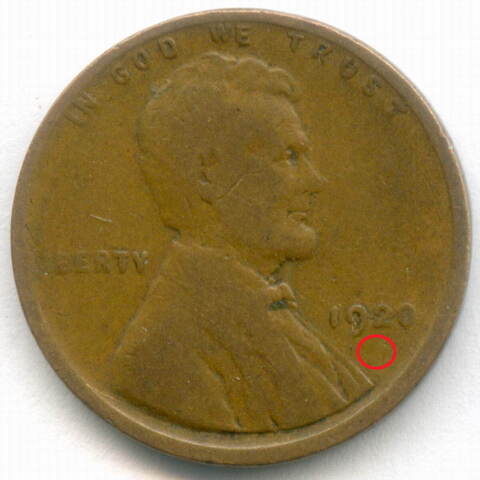 1 цент 1920 год (без знака - Philadelphia). США. Пшеничный цент. Бронза F-VF