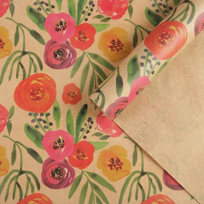 Бумага упаковочная крафтовая «Акварельные цветы», 70 см* 100 см, 5 шт.