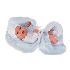 Munecas Antonio Juan Кукла-младенец Эво на голубом одеяльце, 33 см (6025B)