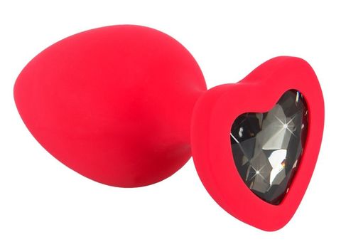 Красная силиконовая анальная пробка с черным стразом-сердечком - 7,9 см. - Orion You2Toys 05377480000