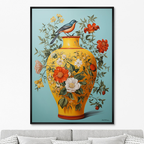ArtNoMore - Репродукция картины на холсте China porcelain vase with bird, No 2, 2024г.