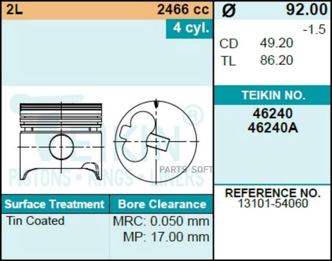 Поршень двигателя TEIKIN 46240 0.50 (4шт/упак)