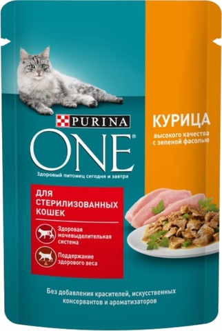 Корм PURINA ONE Влажный д/стерилиз кошек Курица Зелень Фасоль 75 г Nestle РОССИЯ