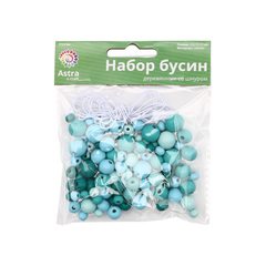 Набор деревянных бусин со шнуром, бирюзовый микс, 6,8,10,12мм, 21гр, 90шт/упак, Astra&Craft