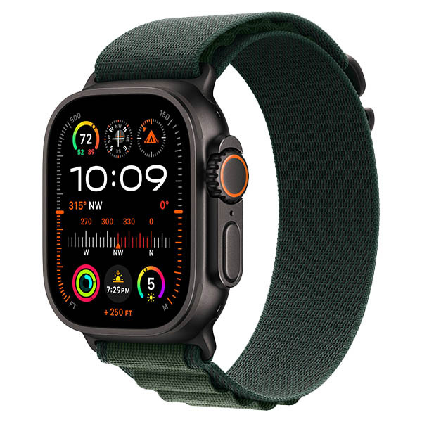 Apple Watch Ultra 2 (2024), GPS + SIM, 49 мм, корпус из титана черного цвета, ремешок Alpine Loop темно-зеленого цвета