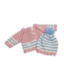 Вязаный жакет и шапочка с помпоном - Голубой / розовый. Одежда для кукол, пупсов и мягких игрушек.