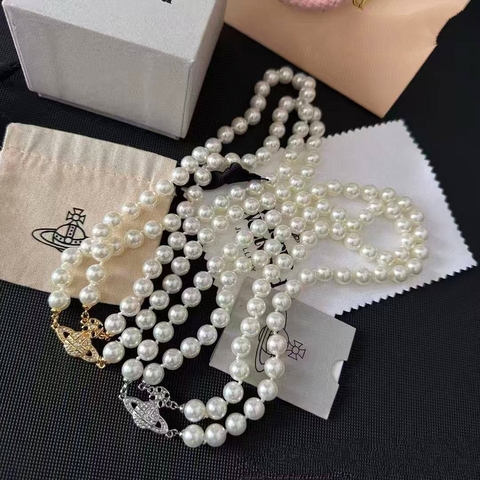 83262 - Колье двухрядное из жемчуга (имитация) с подвеской планетой эстетика WESTWOOD