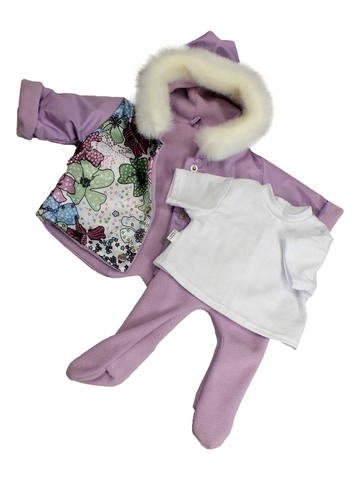 Комплект: Утепленное пальто, футболка, ползунки. - Сиреневый. Одежда для кукол, пупсов и мягких игрушек.