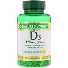 Nature's Bounty, Витамин D3, 125 мкг (5000 МЕ), 240 мягких желатиновых капсул с быстрым высвобождением действующего вещества