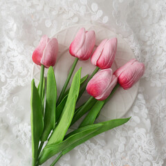 Тюльпаны реалистичные искусственные, Ярко-розовые, латексные (силиконовые), 34 см, букет из 5 штук.
