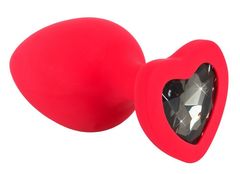 Красная силиконовая анальная пробка с черным стразом-сердечком - 9,3 см. - 