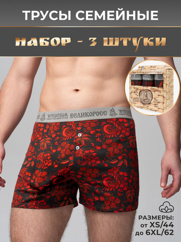 Комплект из 3-х семейных трусов - «Красная хохлома»
