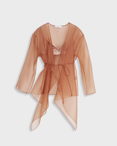 Блуза на пояске из шелковой органзы карамель