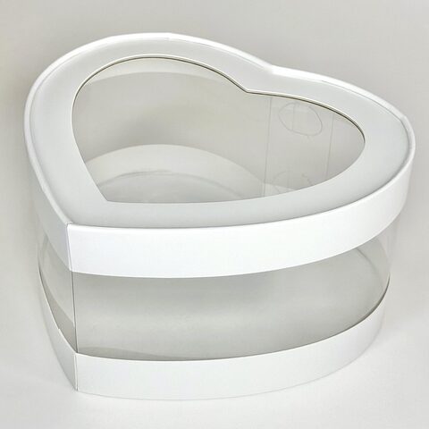 Коробка для тортов и пирожных ШЛЯПНАЯ СЕРДЦЕ с прозрачными стенками 215*180*100 мм (белая)