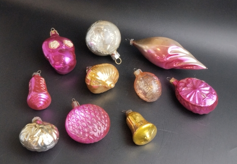 Ёлочные игрушки набор из 10 разных сова, колокольчик, звезда, шарики и др, стекло, роспись, узоры, подвесные, винтаж СССР 1960-1990 гг