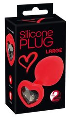 Красная силиконовая анальная пробка с черным стразом-сердечком - 9,3 см. - 