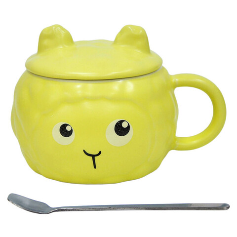 Керамическая кружка с крышкой и ложкой, желтый, 370 мл