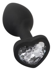 Черная силиконовая анальная пробка с прозрачным стразом-сердечком - 7,3 см. - 
