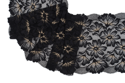 Кружево эластичное черное/цветочки 22 см, Китай
