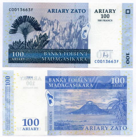 Банкнота Мадагаскар 100 ариари (500 франков) 2004 год. UNC