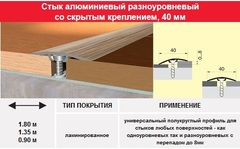 Ламинированный порог- стык 40 мм, 0.9м (скрытое крепление) цвет дерева