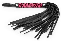 Черная многохвостовая плеть с круглой розовой ручкой-зеброй - 39 см. - 