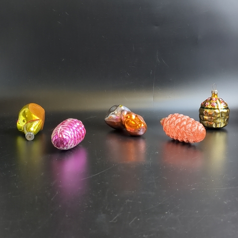 Ёлочные игрушки набор из 5 разных штук кексик, птица, мишка и др, стекло, подвесные, винтаж СССР 1960-1980 гг