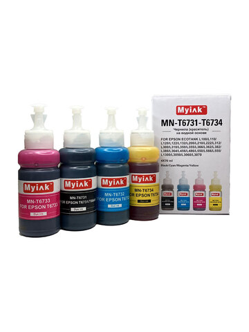 Чернила MyInk для Epson Ecotank L100, L110, L120, L122, L132, L200, L210, L222, L312, L300, L310, L350, L355, L366, L362, L382, L386, L364, L456, L486, , L550, L566, L555, L1300, L3050, L3060, L3070 (T6731-T6734), водные, комплект 4 цвета по 70 мл
