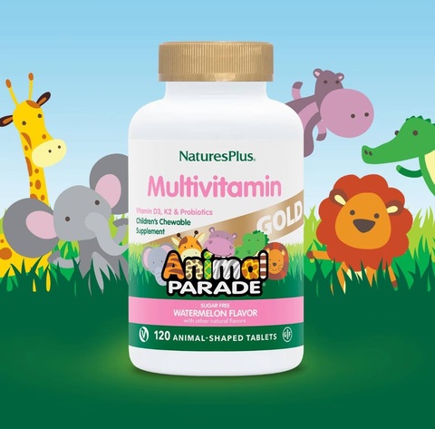 NaturesPlus Source of Life Animal Parade Gold, жевательная мультивитаминная добавка с микроэлементами для детей, со вкусом арбуза, 120 таблеток в форме животных