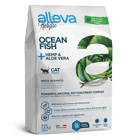 Беззерновой корм Alleva Holistic, для кошек, океаническая рыба/конопля/алоэ, 1.5 кг
