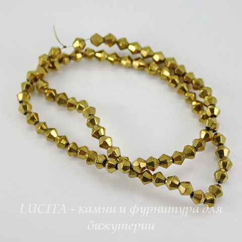 Бусина стеклянная, биконус, цвет - золотой, 4 мм, нить