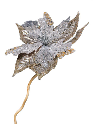 Цветок пуансеттия 24х20см на клипсе ChristmasDeLuxe платина с серебром