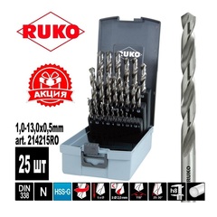 Набор сверл по металлу 1-13мм 25шт DIN338 HSS-G 118° (пл. кейс) Ruko 214215RO