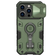 Чехол зеленого цвета (Dark Green) для iPhone 14 Pro от Nillkin серия CamShield Armor Pro Case, с металлическим поворотным кольцом и защитной шторкой для камеры