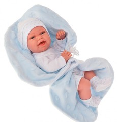 Munecas Antonio Juan Кукла-младенец Эво на голубом одеяльце, 33 см (6025B)