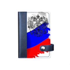 Обложка на автодокументы на кнопке комбинированная белая вставка "РФ с флагом России", синяя