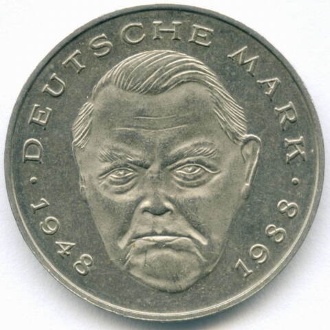 2 марки 1989 (D). Германия-ФРГ. 40 лет ФРГ - Людвиг Эрхард. Медноникель XF