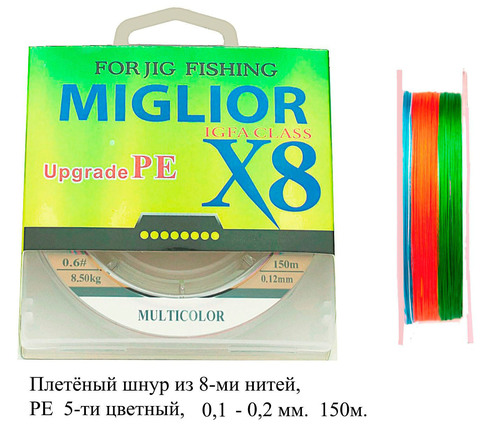 Плетёный шнур из 8-ми нитей, 5-ти цветный, 0.16мм, 150м, 12кг(мультиколор)