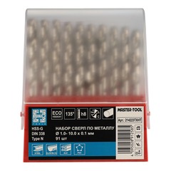 Набор сверл по металлу 1-10мм 91шт DIN338 HSS-G 135° (пл. кейс) H-Tools 214223TXHT