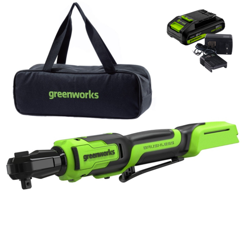 Гайковерт-трещотка Greenworks GD24RWK2 24V (80Нм) редуктор 70 мм, аккумуляторный, с АКБ 2 А/ч и ЗУ (в сумке)