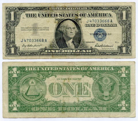 Банкнота США 1 доллар (серебряный сертификат) 1957 J 47033668 A. F