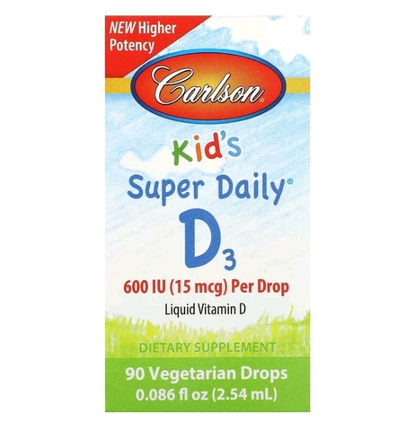 Carlson, Kid's Super Daily D3, 15 мкг (600 МЕ), 90 вегетарианских капель, 2,54 мл (0,086 жидк. Унции)