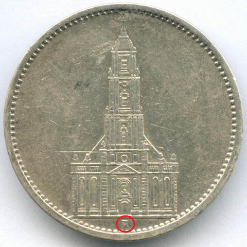 5 марок 3 рейх 1935 (A). Кирха. Серебро F-VF