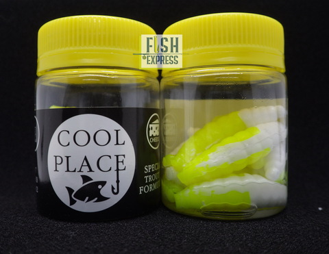 Форелевая силиконовая приманка COOL PLACE MAGGOT FLOATING STRETCH цвет ЖЁЛТЫЙ-БЕЛЫЙ 40 мм/ 10 шт в банке.