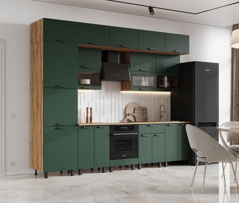 Кухня Техно 3,0/1080м Компоновка №2 (Браш Мени Грин, Дуб Крафт (Дуб вотан))